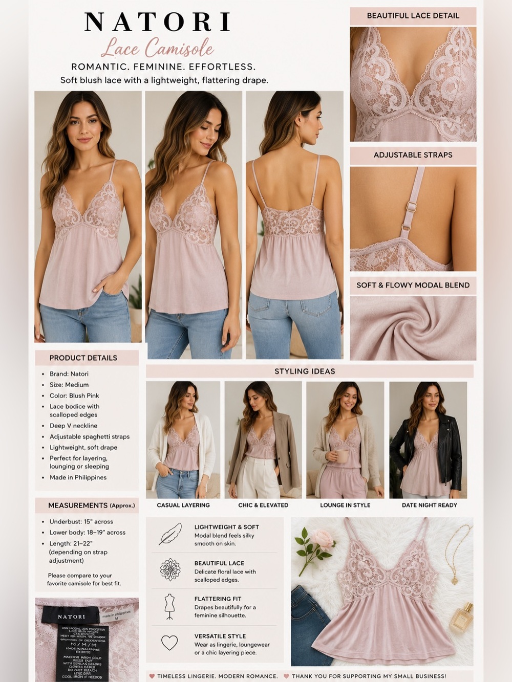Natori Women's M Blush Pink Lace Camisole Modal Lingerie Sleepwear Cami Top
